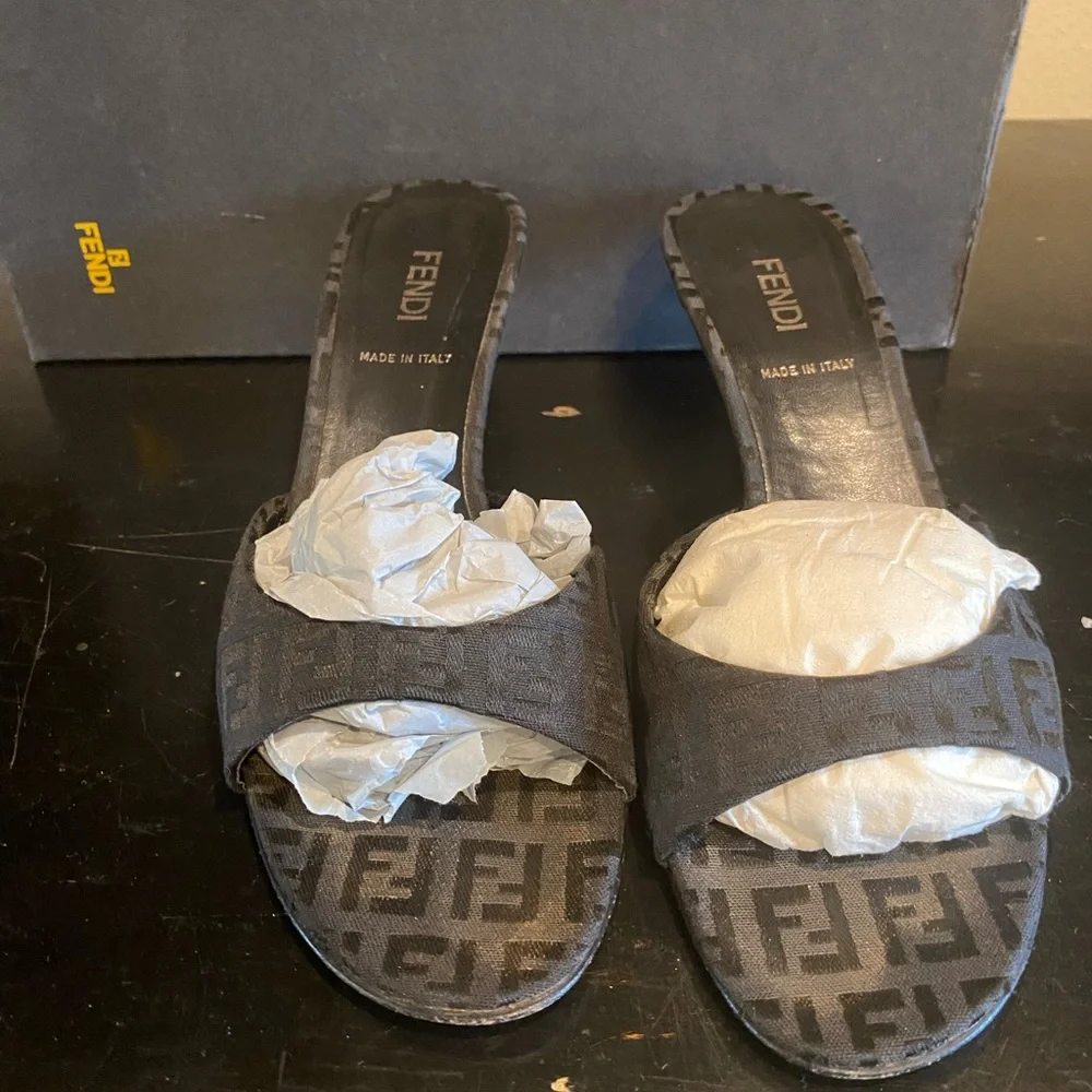 FENDI FF MULES BLACK SIZE:7.5 PREOWNED - Picture 6 of 7
